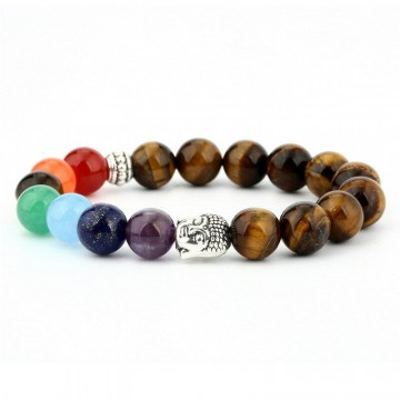 Armbånd med 6 mm Tigerøye, buddha og chakra krystaller