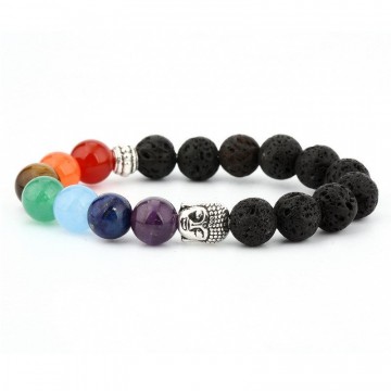 Armbånd med 6 mm Lava, buddha og chakra krystaller