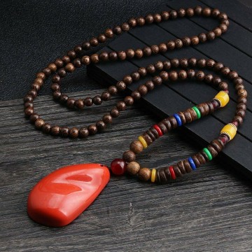 Mala Nepal Buddhist Wood Bead Red Pendant