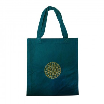 Stoff bag blågrønn med brodert motiv av flower of life