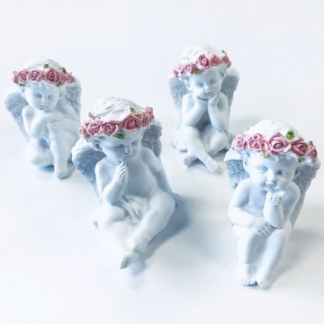 Angel Sitting and Thinking with Pink Roses 10 cm