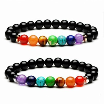 Armbånd med 8 mm Obsidian, svart og chakra krystaller
