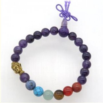 Armbånd chakra med 8 mm Ametyst og buddha, power AAA-kvalitet, 19 cm