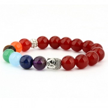 Armbånd med 6 mm Rød Agat buddha og chakra krystaller
