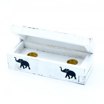 Røkelsesholder boks for cones white wash med elefantmotiv, 15 cm