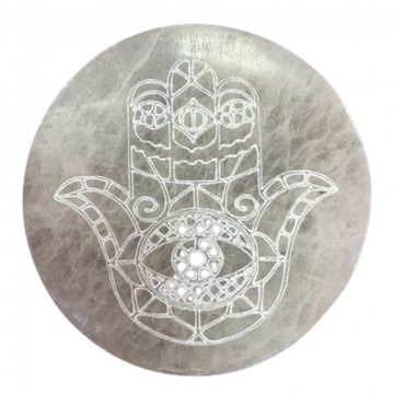 Selenitt, hvit charging plate hamsa hand, 10 cm