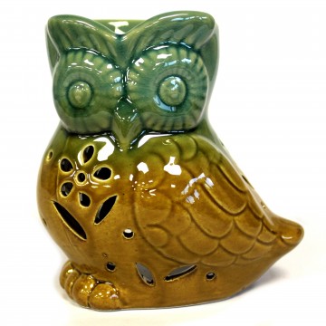 Ugle oljebrenner i keramikk, grønn og brun 12 cm