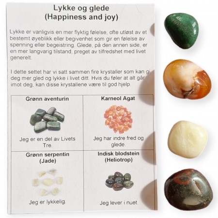 Temasett - Lykke og Glede med 4 tromlet krystaller